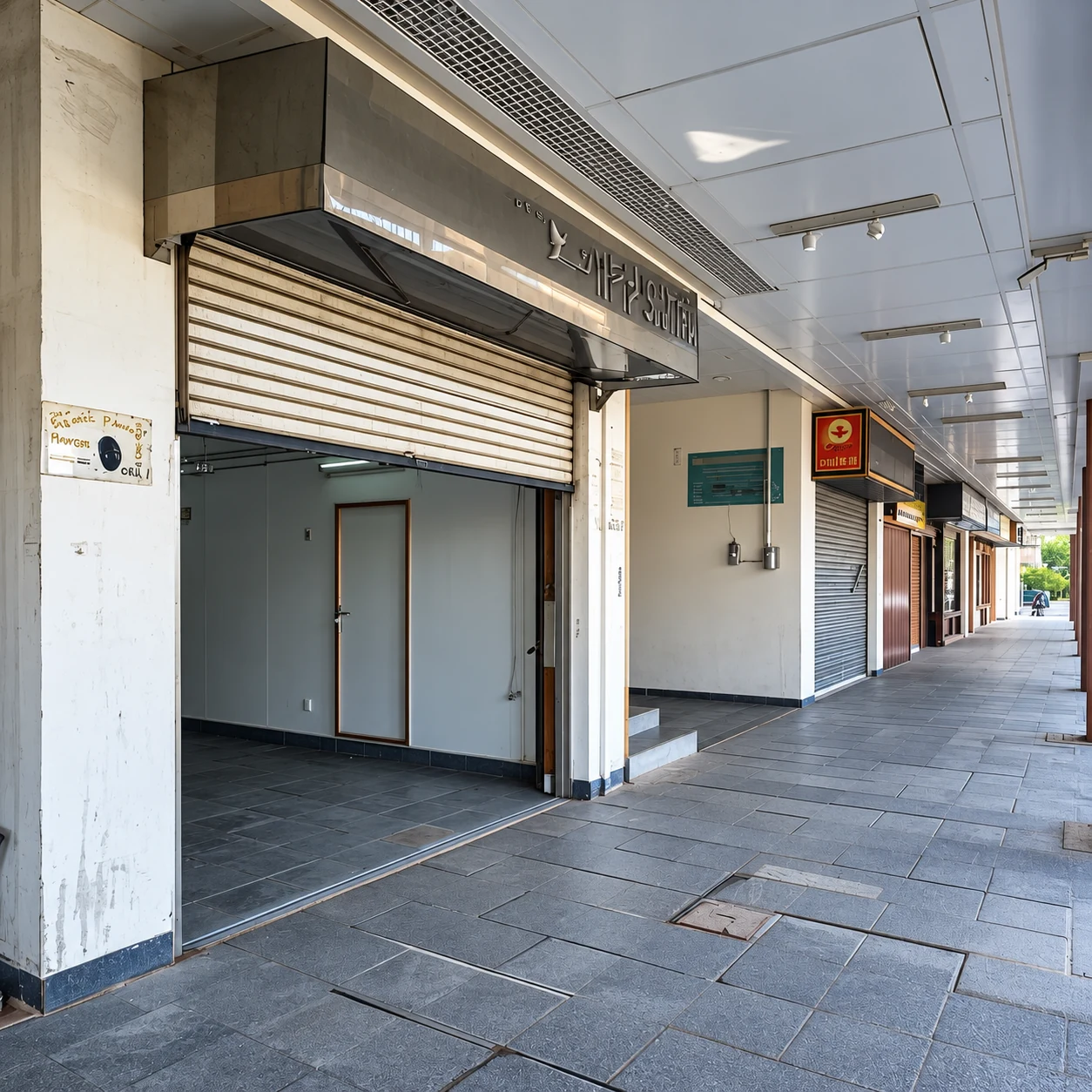 Neighbourhood shop units alongside a sheltered pedestrian walkway