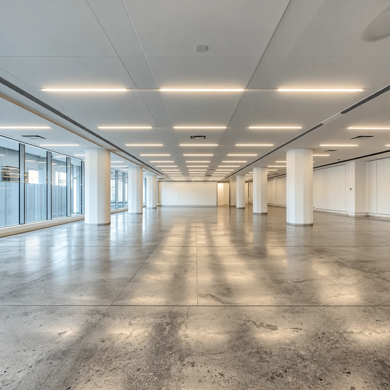 Spacious open-plan commercial interior with large windows and columns