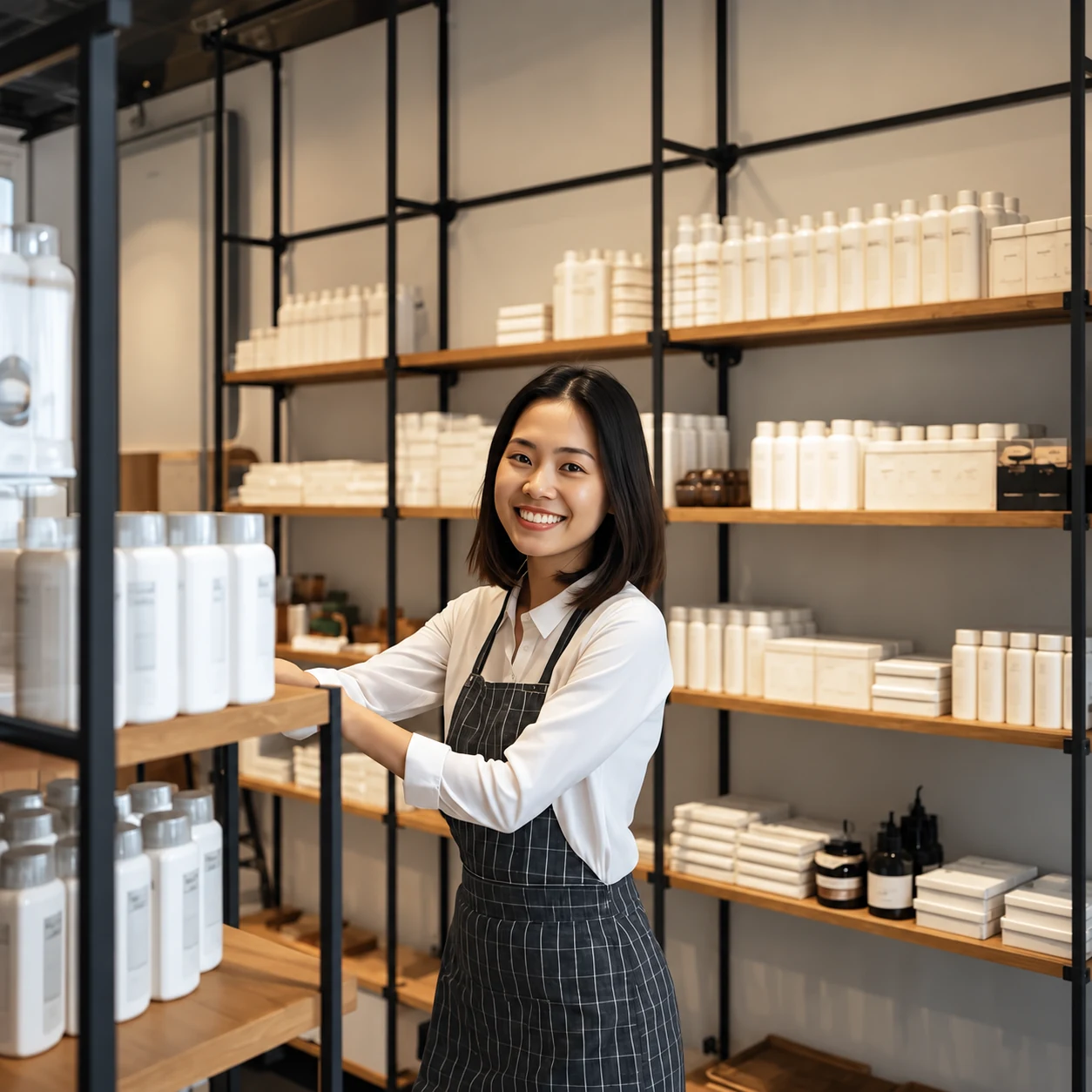 Shop owner arranging products in her retail space