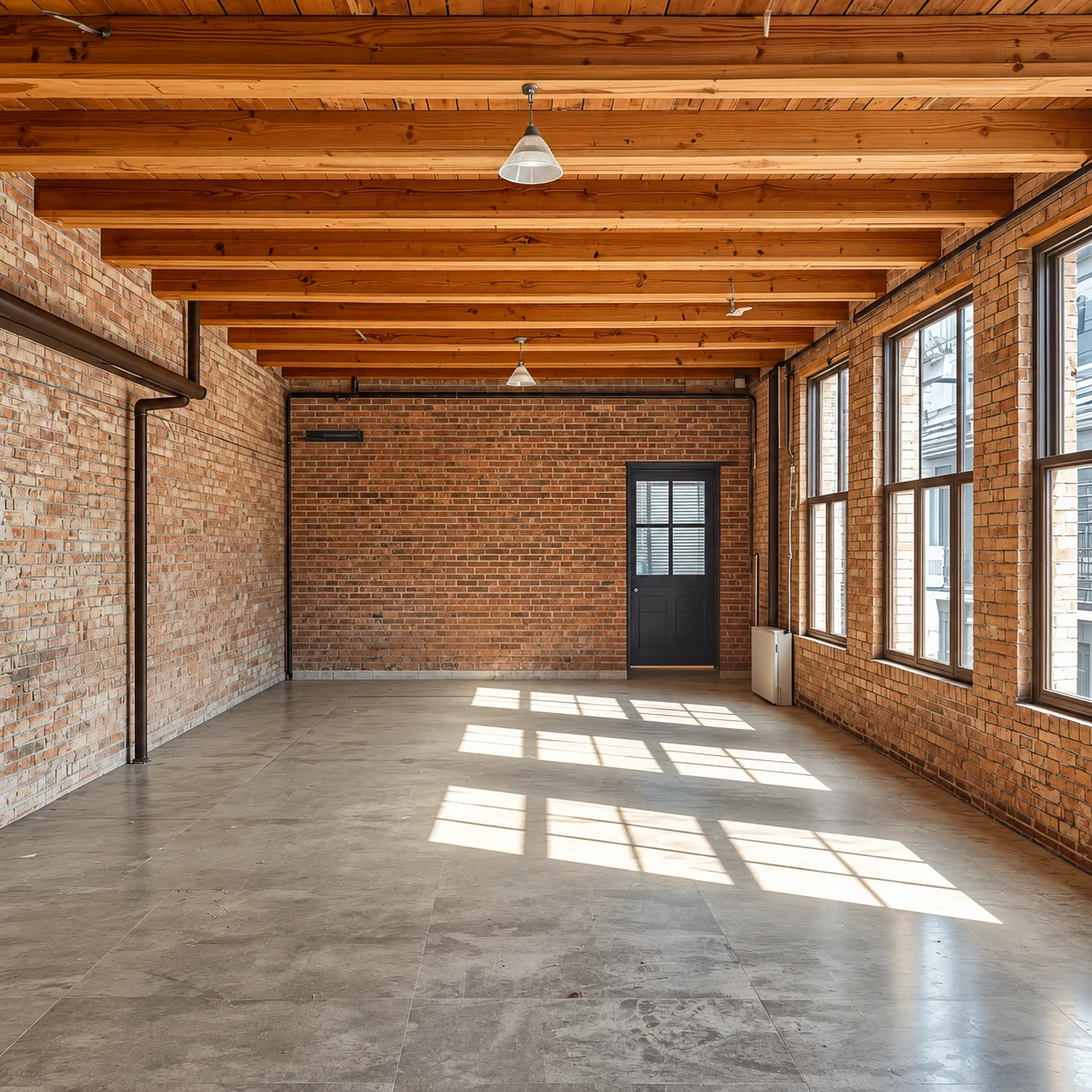 Bright empty studio with exposed brick walls and timber ceiling